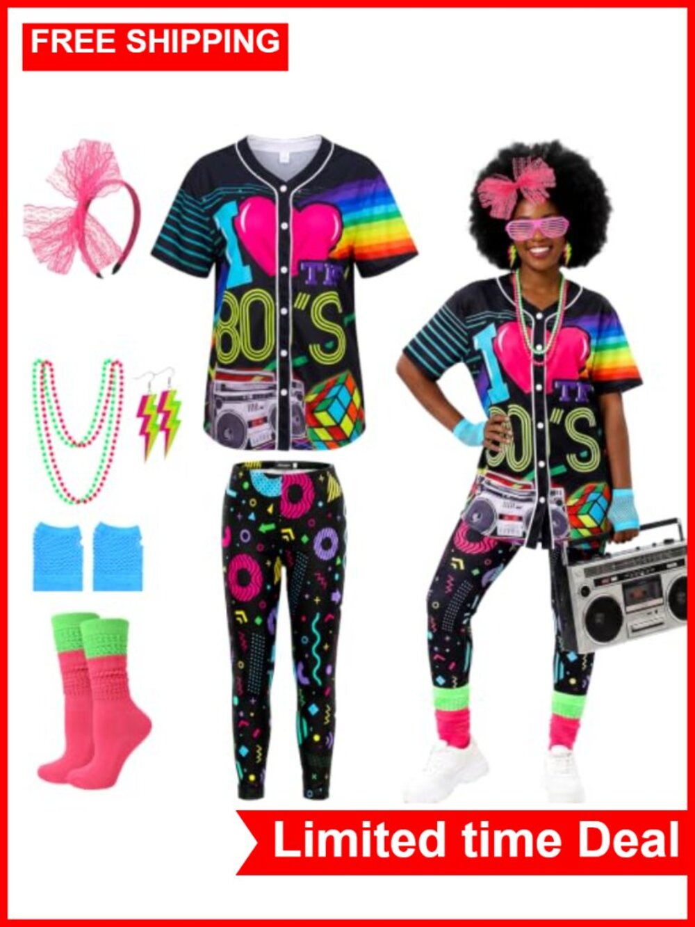 80s Costume Set Neon Print Shirt Leggings Accessories